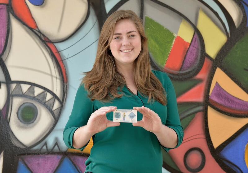 Julia Grifferty, the 17-year-old founder of Boot the Bottle, carries her personal business cards to network with people she meets at environmental and social services conferences. Vidhyaa for The National