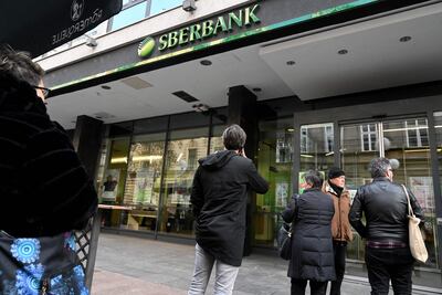 Customers rushed to Russian Sberbank in the centre of Zagreb in an attempt to retrieve their money following Russia's military offensive in Ukraine. AFP