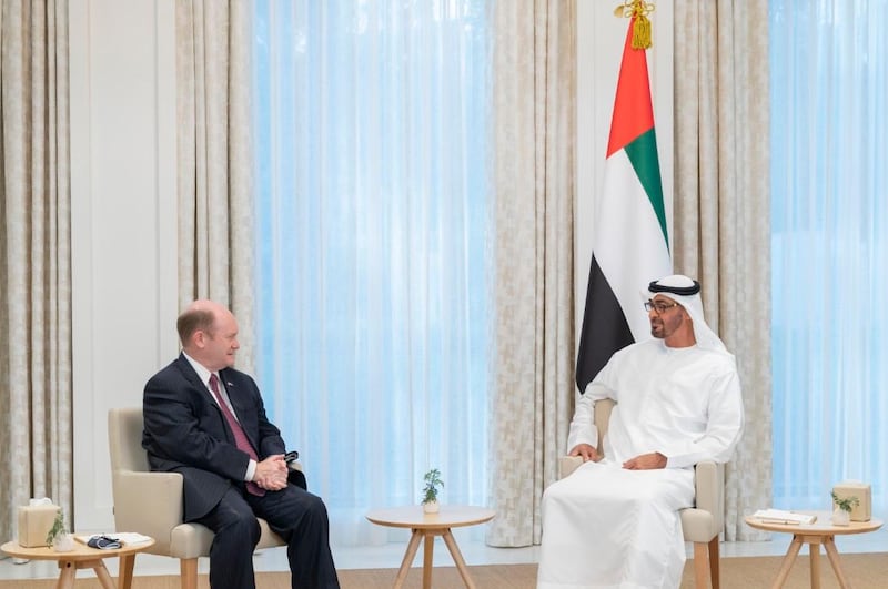ABU DHABI, UNITED ARAB EMIRATES - May 02, 2021: HH Sheikh Mohamed bin Zayed Al Nahyan, Crown Prince of Abu Dhabi and Deputy Supreme Commander of the UAE Armed Forces (R), meets with Chris Coon, US Senator (L), at Al Shati Palace.

( Mohamed Al Hammadi / Ministry of Presidential Affairs )
---