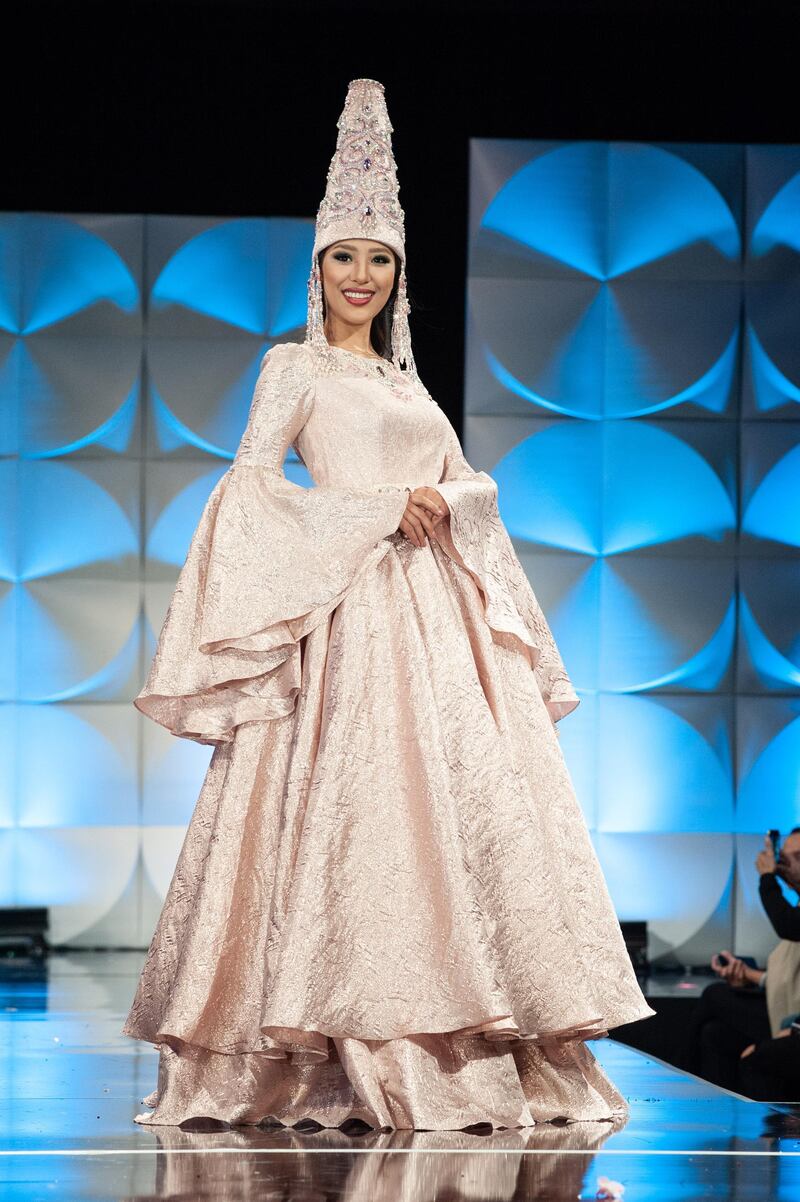 Alfiya Yersaiyn, Miss Kazakhstan 2019 on stage during the National Costume Show at the Marriott Marquis in Atlanta on Friday, December 6, 2019. The National Costume Show is an international tradition where contestants display an authentic costume of choice that best represents the culture of their home country. The Miss Universe contestants are touring, filming, rehearsing and preparing to compete for the Miss Universe crown in Atlanta. Tune in to the FOX telecast at 7:00 PM ET on Sunday, December 8, 2019 live from Tyler Perry Studios in Atlanta to see who will become the next Miss Universe. HO/The Miss Universe Organization