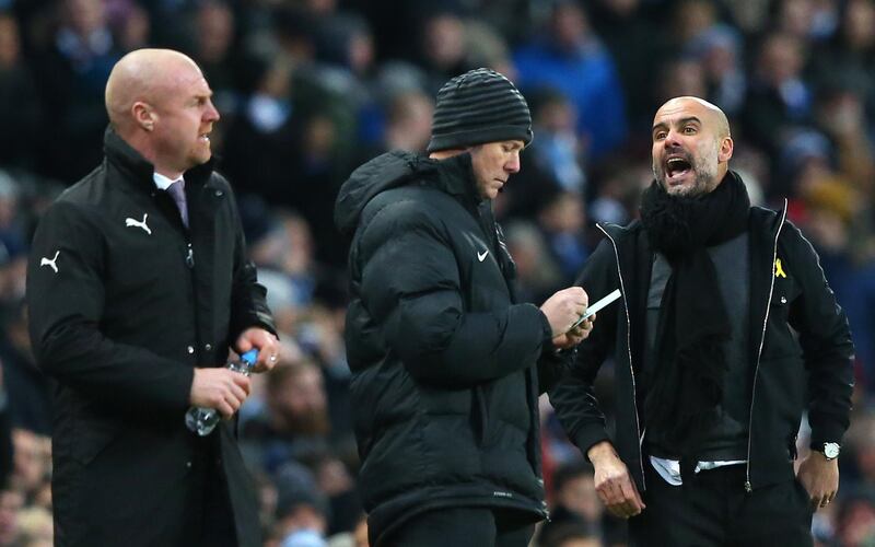 MANCHESTER, ENGLAND - JANUARY 06:  Sean Dyche, Manager of Burnley and Josep Guardiola, Manager of Manchester City argue during the The Emirates FA Cup Third Round match between Manchester City and Burnley at Etihad Stadium on January 6, 2018 in Manchester, England.  (Photo by Alex Livesey/Getty Images)