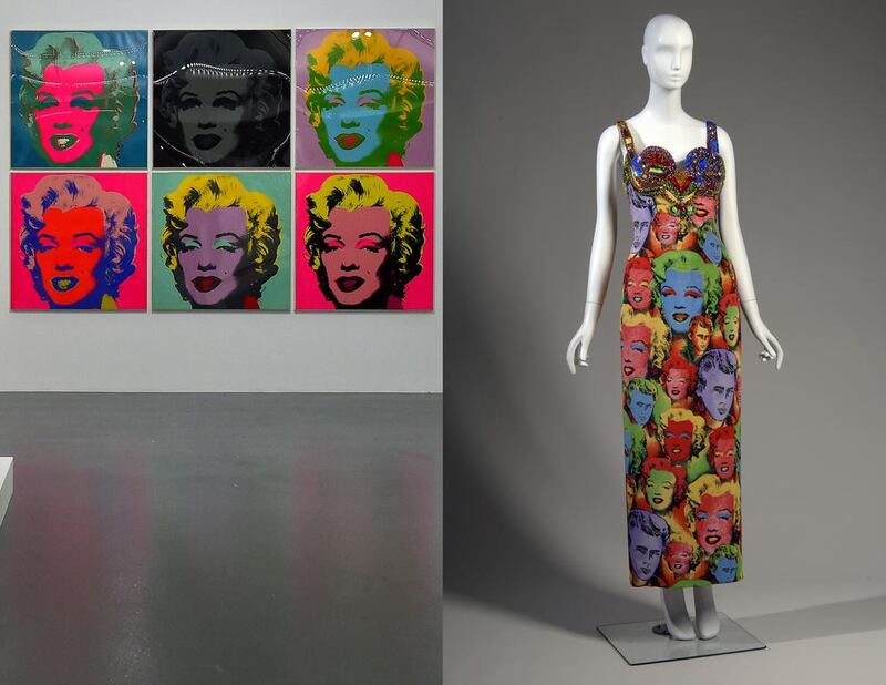 A 1991 evening dress by Gianni Versace took its cues from Andy Warhol's famous Marilyn Monroe renditions, left. AFP; Chicago History Museum / Getty Images