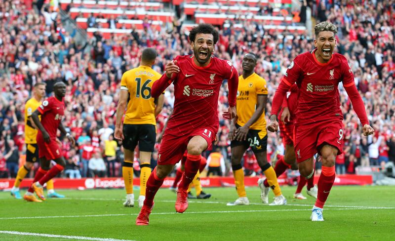 Mohamed Salah celebrates after scoring Liverpool's second goal against Wolves. Getty