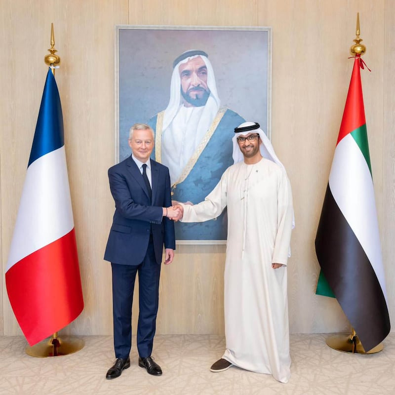Dr Sultan Al Jaber and Bruno Le Maire met in Abu Dhabi on Monday. Photo: Masdar