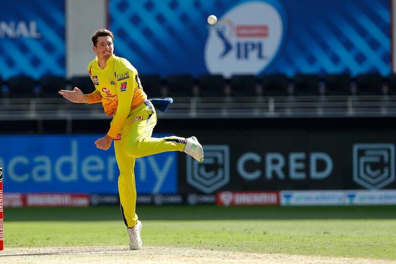 Mitchell Santner of the Chennai Superkings bowling during match 44 of season 13 of the Dream 11 Indian Premier League (IPL) between the Royal Challengers Bangalore and the Chennai Super Kings held at the Dubai International Cricket Stadium, Dubai in the United Arab Emirates on the 25th October 2020.  Photo by: Saikat Das  / Sportzpics for BCCI