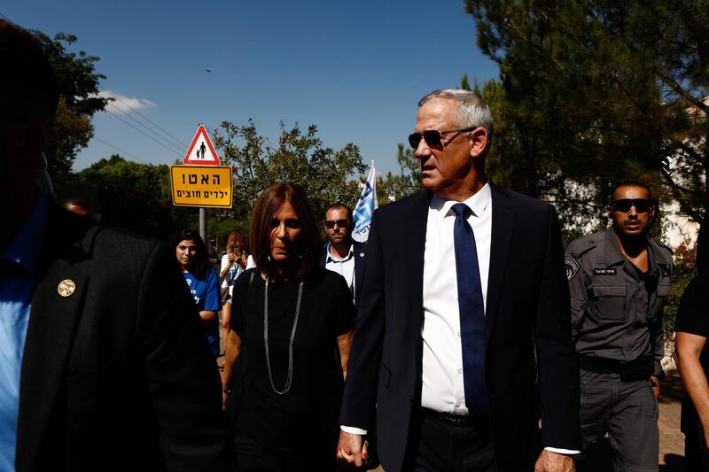 Benny Gantz, leader of the Blue and White party, and his wife Revital Gantz, leaves after voting, in Rosh Haayin, Israel, on Tuesday, Sept. 17, 2109. Israel heads into Tuesday’s election do-over a fiercely divided nation, with no definitive sign whether Prime Minister Benjamin Netanyahu will retain his grip on power. Photographer: Kobi Wolf/Bloomberg