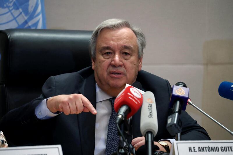 Antonio Guterres, United Nations (UN) Secretary General, speaks at a news conference at the 32nd Ordinary Session of the Assembly of the Heads of State and the Government of the African Union (AU) in Addis Ababa, Ethiopia, February 10, 2019. REUTERS/Tiksa Negeri