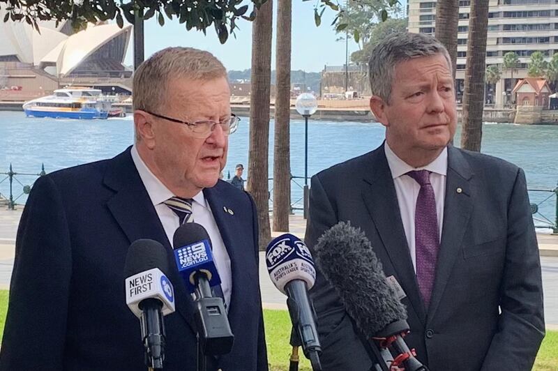 International Olympic Committee Vice President John Coates and Australian Olympic Committee Chief Executive Matt Carroll hold a news conference at Sydney harbour, Australia May 8, 2021. REUTERS/Nick Mulvenney