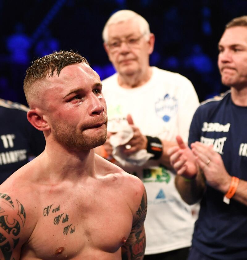 Manchester , United Kingdom - 22 December 2018; A dejected Carl Frampton following his defeat to Josh Warrington in their IBF World Featherweight title bout at the Manchester Arena in Manchester, England. (Photo By David Fitzgerald/Sportsfile via Getty Images)