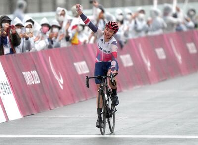 Britain's Sarah Storey celebrates winning gold medal in the women's C4-5 road race at the Fuji International Speedway. PA