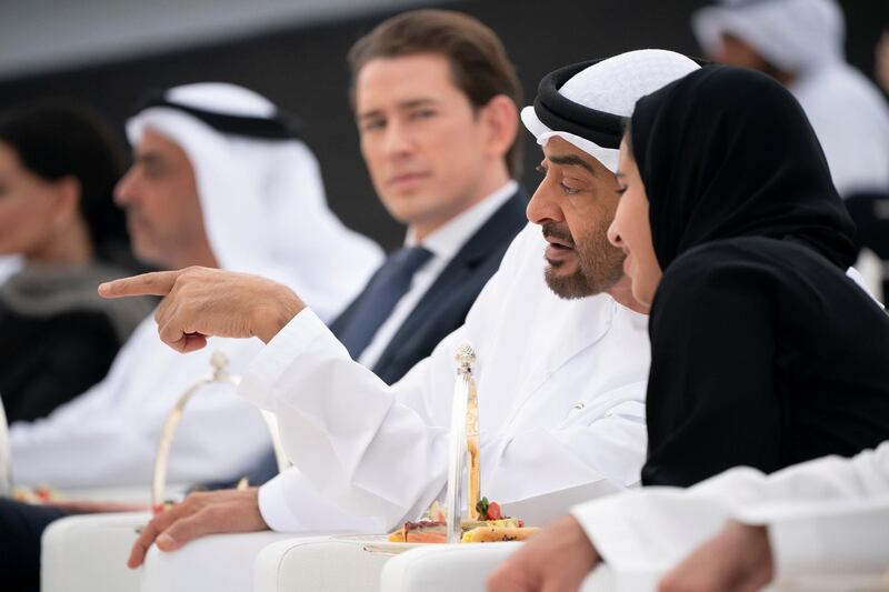 ABU DHABI, UNITED ARAB EMIRATES - March 23, 2019: HH Sheikh Mohamed bin Zayed Al Nahyan, Crown Prince of Abu Dhabi and Deputy Supreme Commander of the UAE Armed Forces (2nd R) speaks with HH Sheikha Hassa bint Mohamed bin Zayed Al Nahyan (R), during an equestrian performance by the Spanish Riding School of Vienna, at Emirates Palace.

( Ryan Carter / Ministry of Presidential Affairs )
---
