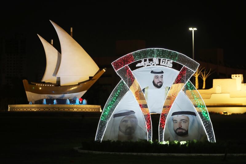 Kuwait Roundabout in Sharjah decorated for the UAE’s 50th National Day celebrations. Pawan Singh / The National