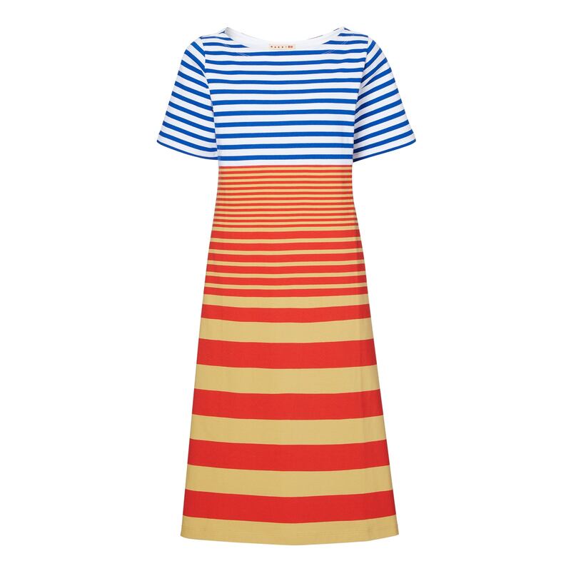 Marni x Uniqlo offers clashing patterns, like this dress with four different stripes. 