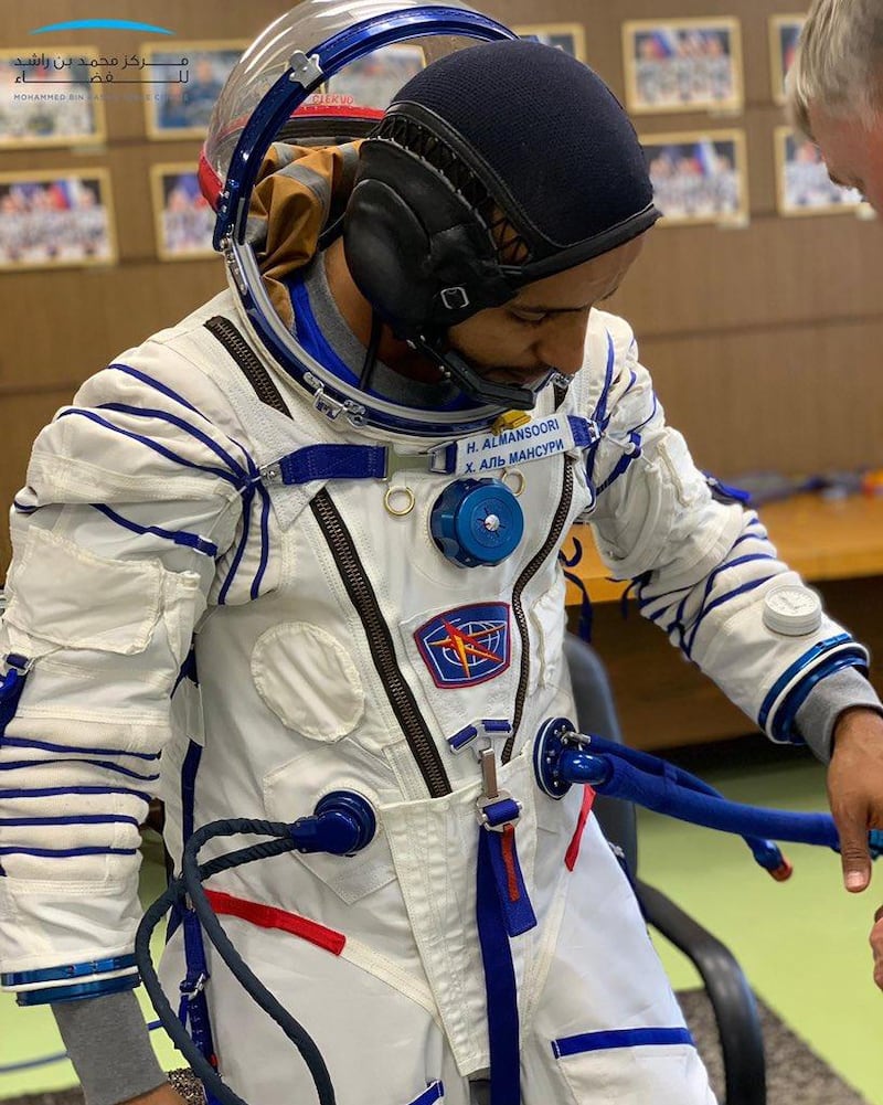 Hazza Al Mansouri is dressed in the space suit he will wear during launch and upon his return to Earth. Courtesy Mohammed bin Rashid Space Centre