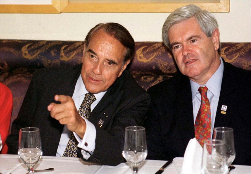 House Speaker Newt Gingrich and former Senate majority leader Dole in San Diego, August 1996.  Reuters