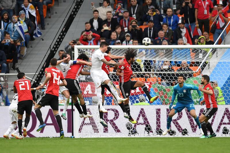 Uruguay's Jose Gimenez scores his team's only goal during their group A match with Egypt at the 2018 FIFA World Cup at the Yekaterinburg Arena in Yekaterinburg, Russia, on June 15, 2018. Uruguay won, Egypt 0-1 Uruguay. Matthias Hangst  /Getty Images