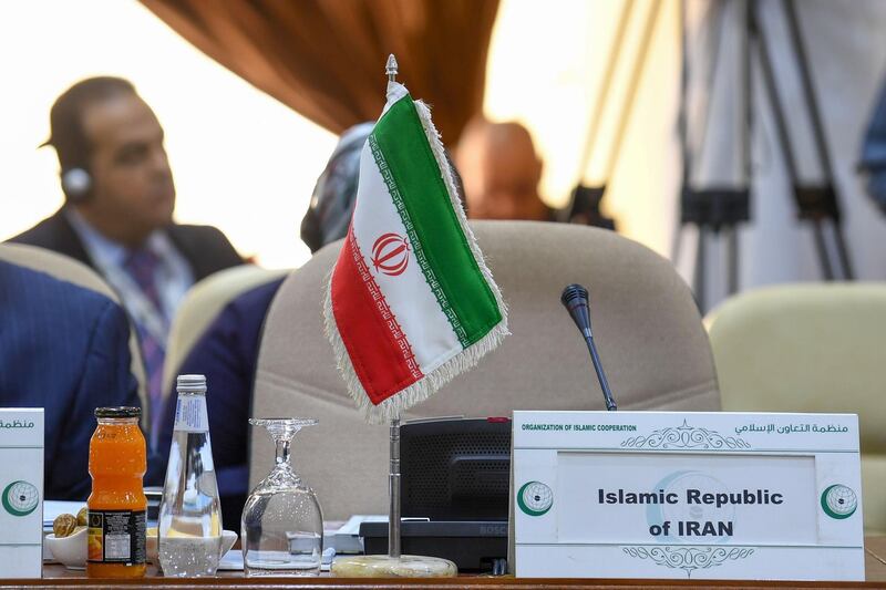 The seat reserved for the Iranian delegate is pictured during an emergency ministerial meeting of the Organisation of Islamic Cooperation (OIC) in Jeddah.  AFP