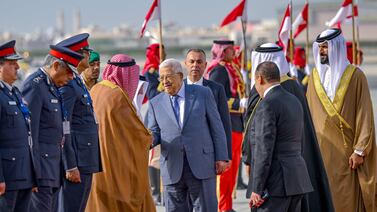 Palestinian President Mahmoud Abbas arrives in Manama for the 33rd Arab League summit. AFP