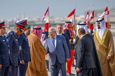 Palestinian President Mahmoud Abbas arrives in Manama for the 33rd Arab League summit. AFP