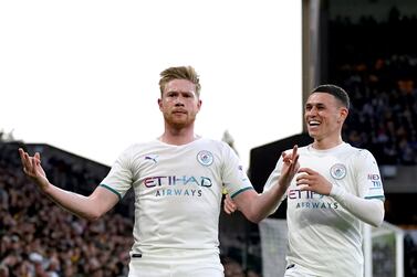 File photo dated 11-05-2022 of Manchester City's Kevin De Bruyne (left) celebrates. Kevin De Bruyne (left) scored four goals as City thrashed Wolves. Issue date: Friday May 20, 2022.