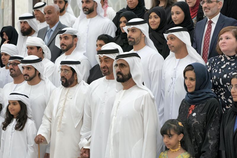 ABU DHABI, UNITED ARAB EMIRATES - May 21, 2019: HH Sheikh Mohamed bin Rashid Al Maktoum, Vice-President, Prime Minister of the UAE, Ruler of Dubai and Minister of Defence (front row 3rdth R), HH Sheikh Mohamed bin Zayed Al Nahyan, Crown Prince of Abu Dhabi and Deputy Supreme Commander of the UAE Armed Forces (front row 4th R), HH Sheikh Tahnoon bin Mohamed Al Nahyan, Ruler's Representative in Al Ain Region (front row 5th R) and HH Sheikh Hamdan bin Mohamed Al Maktoum, Crown Prince of Dubai (front row 6th R) stand for a photograph with members of  Adheedak Group, during an iftar reception at Al Bateen Palace. Seen with HE Jameela Salem Al Muhairi, UAE Minister of State for Public Education Affairs (front row 2nd R).

( Eissa Al Hammadi for the Ministry of Presidential Affairs )
---