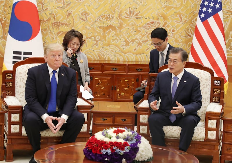 South Korean president Moon Jae-in meets with US president Donald Trump for a one-on-one summit at Cheong Wa Dae in Seoul, South Korea. Yonhap / EPA