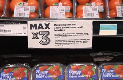 An aisle of a Tesco supermarket in London, February 23.  A number of supermarket chains, including Asda, Tescos, Morrison and Aldi, are introducing rationing to limit the amounts customers can buy due to shortages of tomatoes, cucumber and peppers. EPA