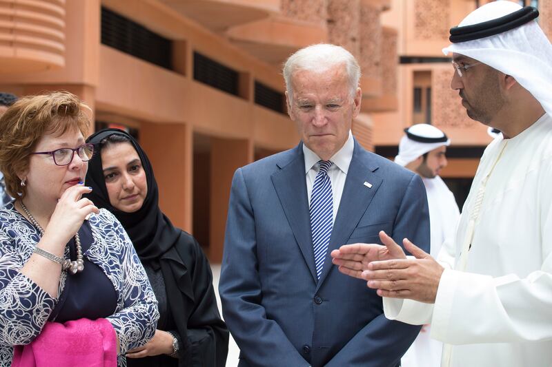 ABU DHABI, UNITED ARAB EMIRATES - March 07, 2016: Joe Biden, Vice President of the United States of America (C), tours Masdar City. Seen with HE Dr Sultan Ahmed Al Jaber UAE Minister of State and Chairman of Masdar (R),  HE Barbara Leaf Ambassador of the United States of America to the UAE (L) and Dr Nawal Al Hosani (2nd L).

( Razan Al Zayani for Crown Prince Court - Abu Dhabi )
--- *** Local Caption ***  20160307RA_M2U1596.JPG