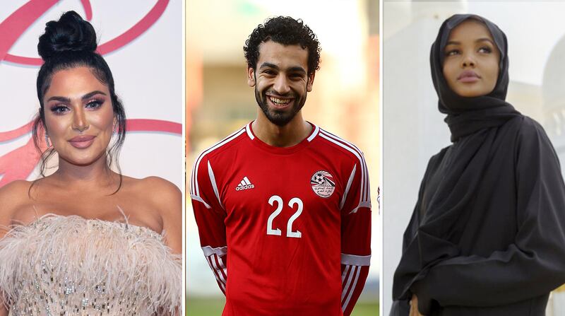 From left: Huda Kattan, Mo Salah and Halima Aden wished fans an 'Eid Mubarak' over social media for Eid Al Adha. Getty Images, Instagram