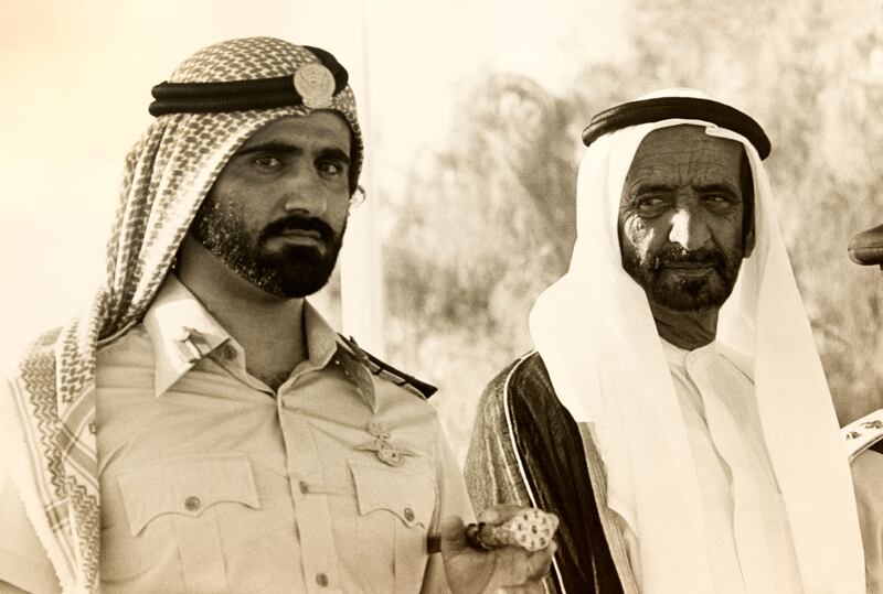 Sheikh Rashid, then Ruler of Dubai, with his son, a 28-year-old Sheikh Mohammed, in 1977.