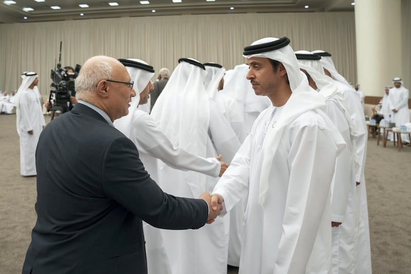 ABU DHABI, UNITED ARAB EMIRATES - October 02, 2019: HH Sheikh Hazza bin Zayed Al Nahyan, Vice Chairman of the Abu Dhabi Executive Council (R), receives mourners who are offering condolences on the passing of the late Suhail bin Mubarak Al Ketbi, at Al Mushrif Palace.

( Hamad Al Kaabi / Ministry of Presidential Affairs )​
---