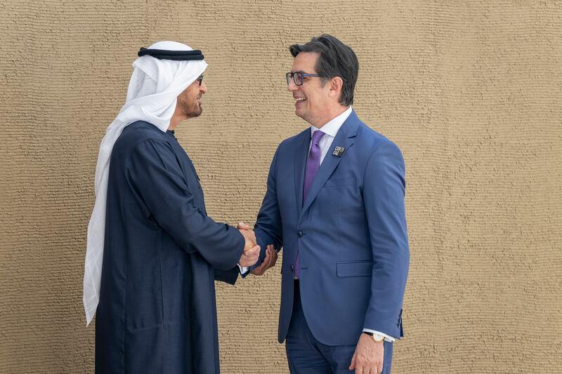 President Sheikh Mohamed greets Stevo Pendarovski, President of North Macedonia. Eissa Al Hammadi / UAE Presidential Court