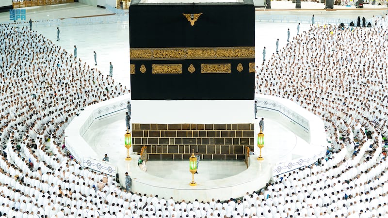 Pilgrims pray at the Kaaba in Makkah's Grand Mosque on the eve of the first day of Hajj. SPA