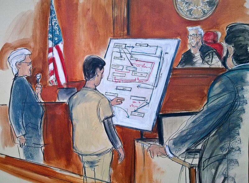 In this courtroom sketch Judge Richard Berman, second from right, and prosecuting Assistant U.S. Attorney Sidhardha Kamarju, far right, listen as Turkish-Iranian gold trader Reza Zarrab, second from left, with the aide of an unidentified interpreter, far left, describe a scheme using a diagram he drew, outlining how he helped Iran evade U.S. economic sanctions Wednesday Nov. 29, 2017, in New York. (Elizabeth Williams via AP)