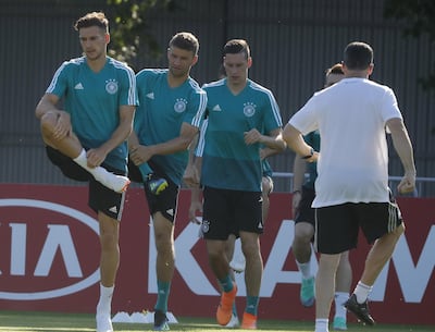 epa06813744 Germany's players attend a training session in Vatutinki sport base outside Moscow, Russia, 16 June 2018. Germany will face Mexico in the FIFA World Cup 2018 Group F preliminary round soccer match on 17 June 2018.  EPA/SERGEI ILNITSKY EDITORIAL USE ONLY  EDITORIAL USE ONLY