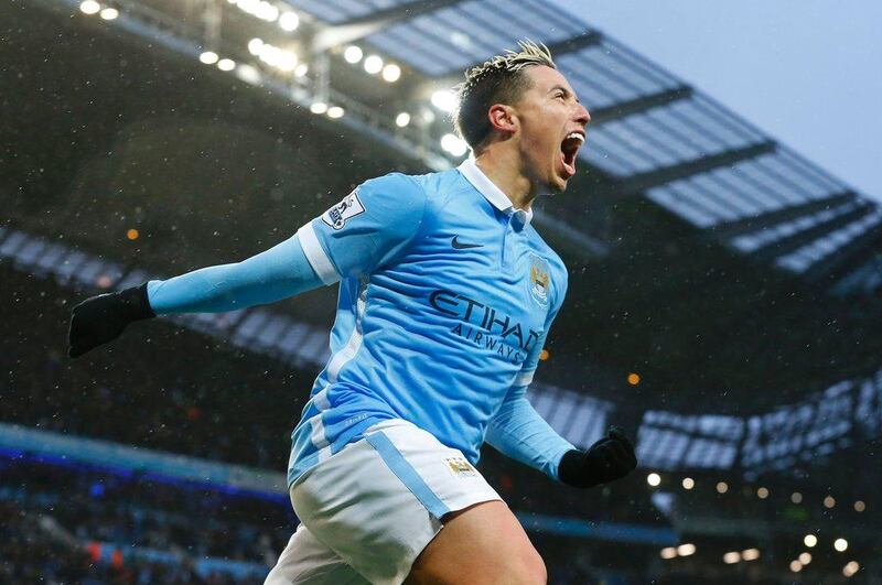 Manchester City’s Samir Nasri celebrates after scoring the winner against West Bromwich Albion in the Premier League on Saturday night. Lindsey Parnaby / AFP / April 9, 2016 