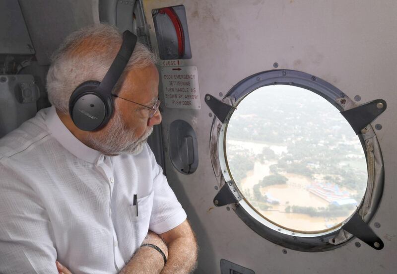 Indian prime minister Narendra Modi conducting an aerial survey of flood affected areas in Kerala, India. EPA