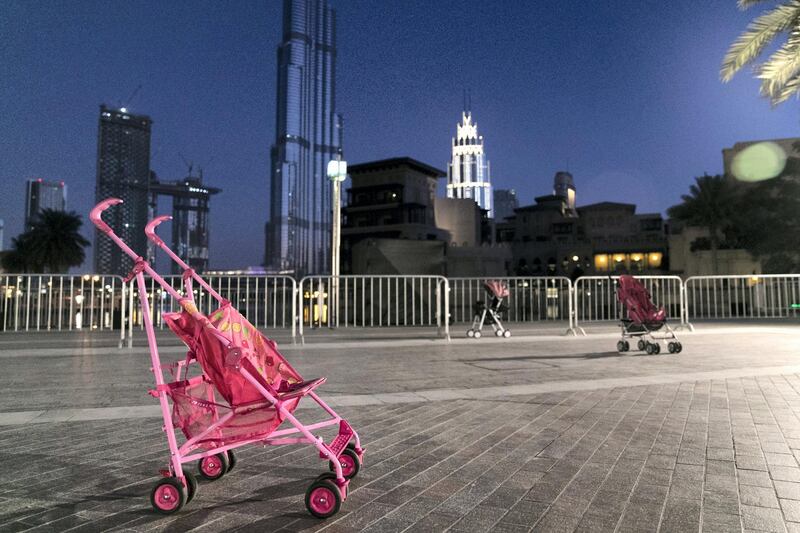 DUBAI, UNITED ARAB EMIRATES - Jan 1, 2018. 

Baby strollers left behind at Downtown Dubai.

(Photo by Reem Mohammed/The National)

Reporter: Nawal Al Rawahi

Section: NA