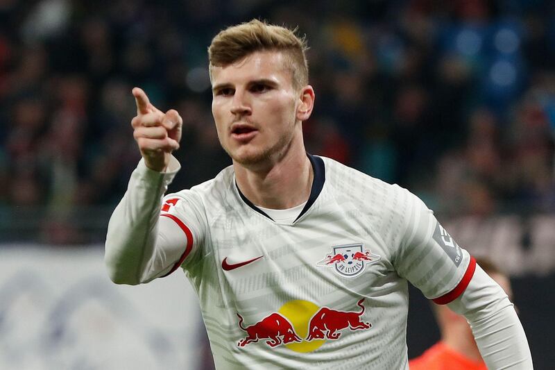 Leipzig's German forward Timo Werner celebrates scoring the opening goal at home to Cologne in the Bundesliga on November 23, 2019. AFP