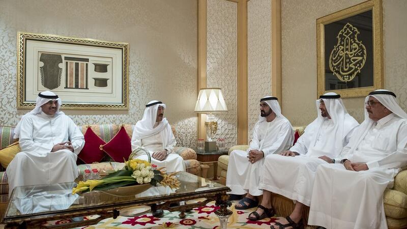 Sheikh Mohammed bin Rashid, Vice President and Ruler of Dubai, and Sheikh Mohammed bin Zayed, Crown Prince of Abu Dhabi and Deputy Supreme Commander of the Armed Forces, and meet with Sheikh Sabah Al Jaber Al Sabah, Emir of Kuwait, at Zabeel Palace. Seen with Sheikh Hamdan bin Rashid, Deputy Ruler of Dubai and Minister of Finance. Rashed Al Mansoori / Crown Prince Court - Abu Dhabi