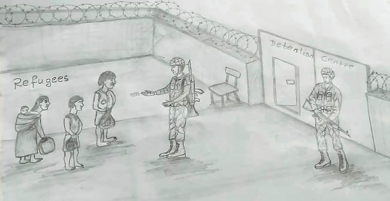 This drawing by a migrant artist nicknamed Aser, provided in 2019, depicts deplorable conditions in a migrant detention center in Libya. Aser's sketches and paintings capture the claustrophobic reality of the detention centers, where thousands have been locked away, often for months or years, after being intercepted by the coast guard during perilous attempts to cross from Libya to Europe through the Mediterranean Sea. (Aser via AP)