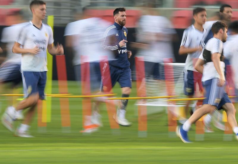 Argentina's Lionel Messi takes part in a running exercise during training. AFP