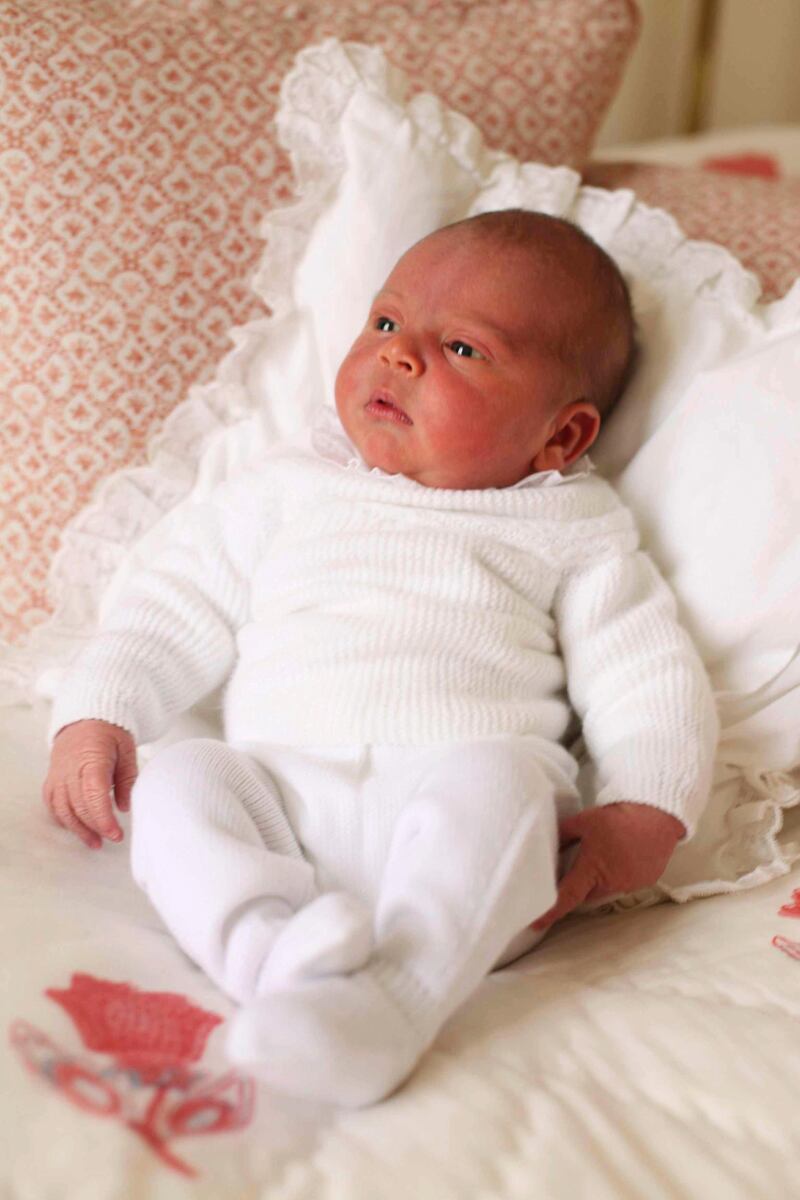 This is a April 26, 2018 photograph provided by Kensington Palace of Britain's Prince Louis, taken at Kensington Palace, in London. Prince William and his wife Kate have released two pictures documenting the early days of Britainâ€™s newest prince. (Duchess of Cambridge/Kensington Palace via AP)