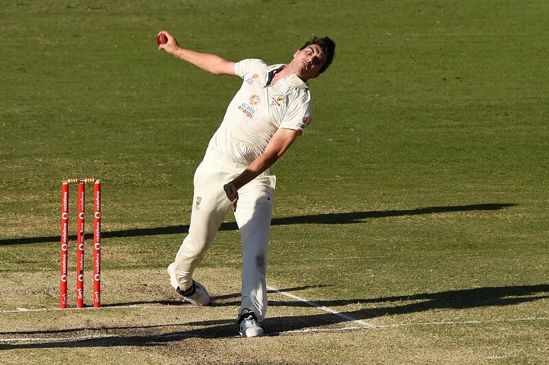 Pat Cummins bowls during day five of the 4th Test. Getty