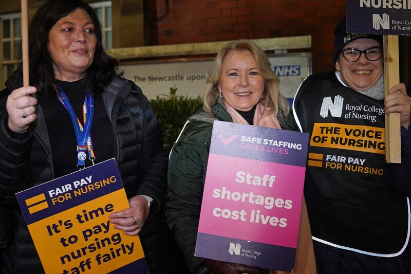 Royal College of Nursing (RCN) General Secretary Pat Cullen joins members on the picket line outside the Royal Victoria Infirmary in Newcastle. PA