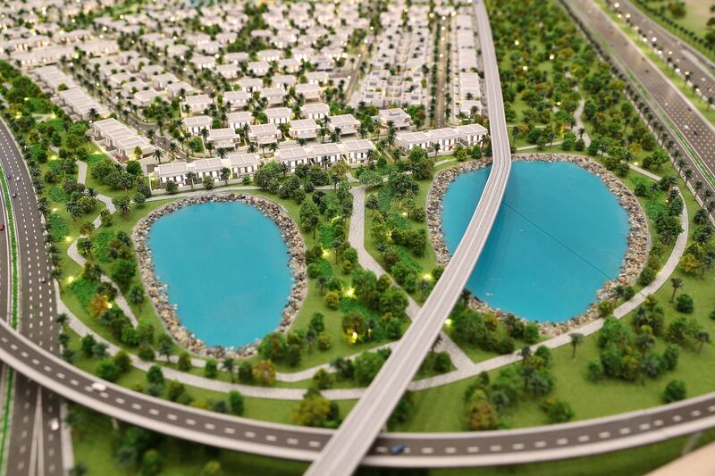 A model of The Pulse beachfront project at Dubai South. Pawan Singh / The National.