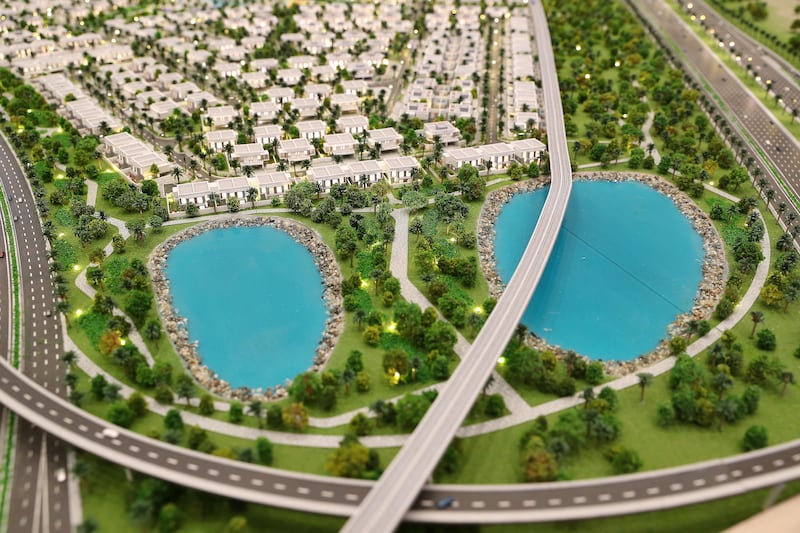 A model of The Pulse beachfront project at Dubai South. Pawan Singh / The National.
