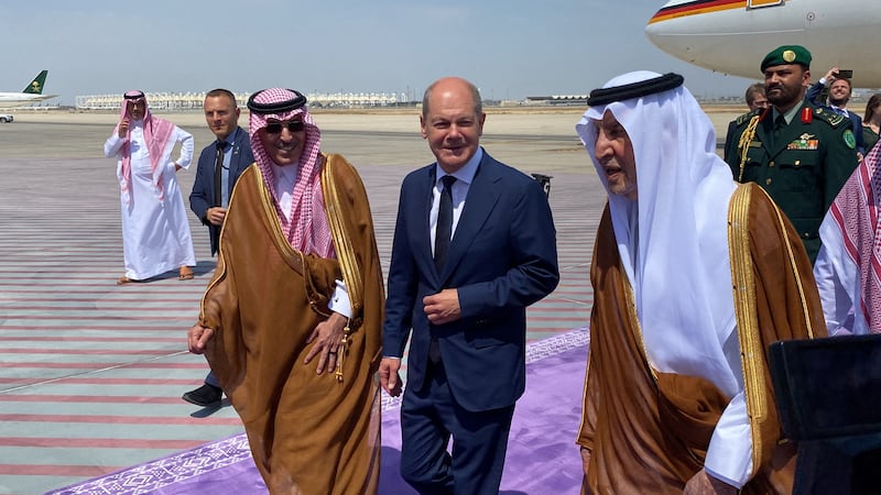 Prince Khalid bin Faisal, Governor of Makkah, receives German Chancellor Olaf Scholz in Jeddah. Reuters