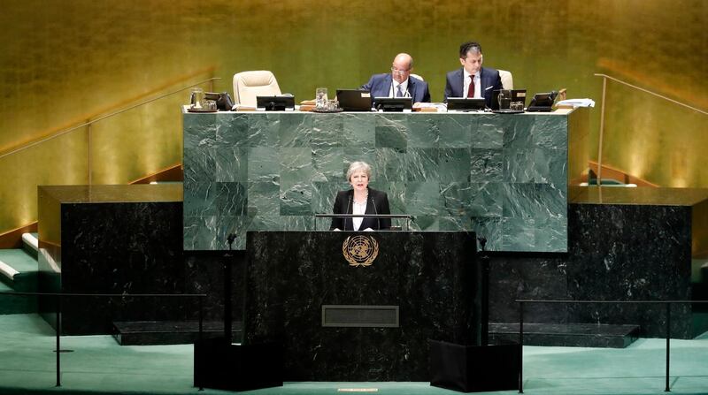 British Prime Minister Theresa May speaks during the General Debate of the General Assembly of the United Nations at United Nations Headquarters.  EPA