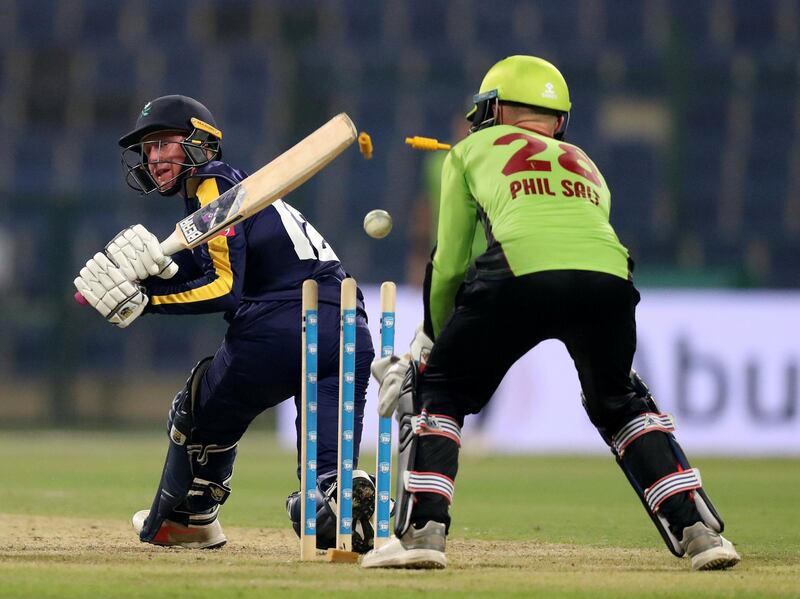 Abu Dhabi, United Arab Emirates - October 04, 2018: Yorkshire's Jonathan Tattersall is bowled in the game between Lahore Qalandars and Yorkshire in the Abu Dhabi T20 competition. Thursday, October 4th, 2018 at Zayed Cricket Stadium, Abu Dhabi. Chris Whiteoak / The National